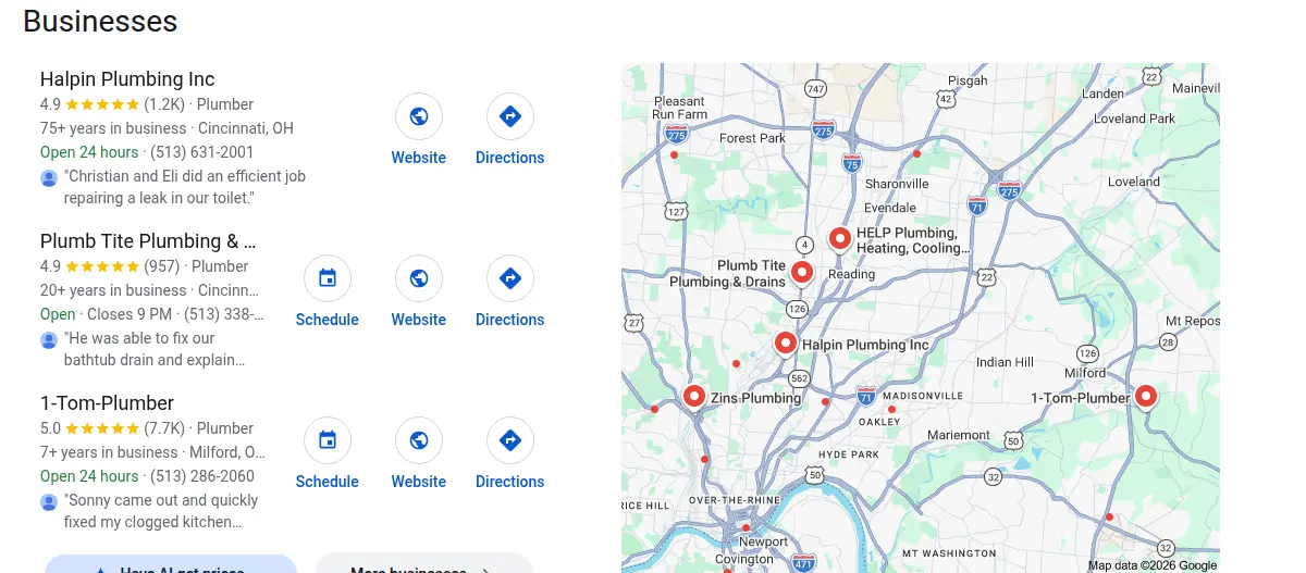 Google map results for plumber cincinnati oh searched from Cincinnati, Ohio