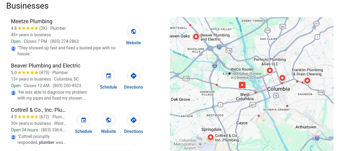 Google map results for plumber columbia sc searched from Columbia, South Carolina