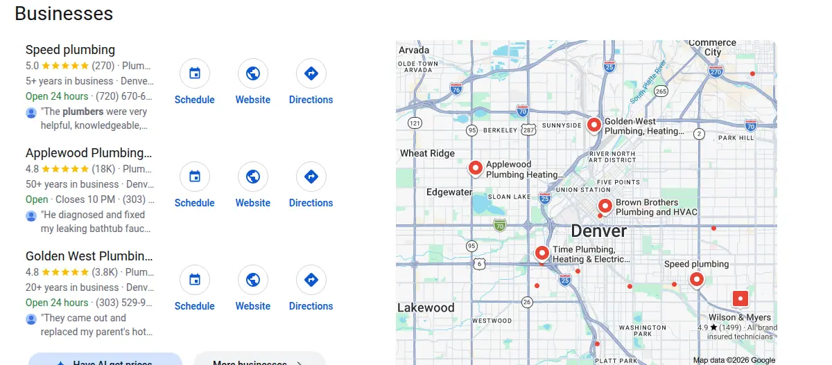 Google map results for plumber denver searched from Denver, Colorado