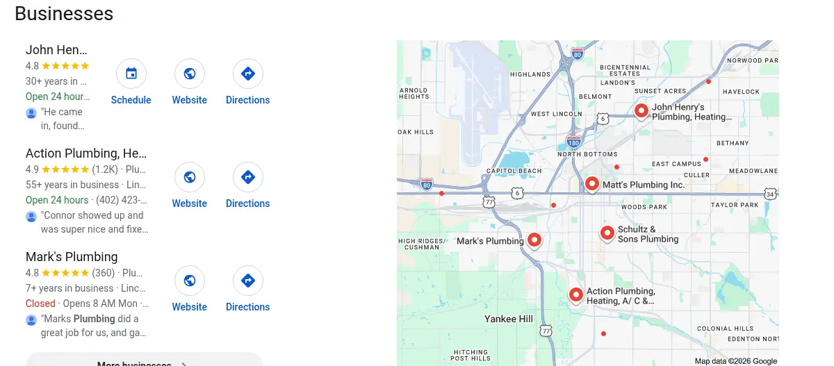 Google map results for plumber lincoln ne searched from Lincoln, Nebraska