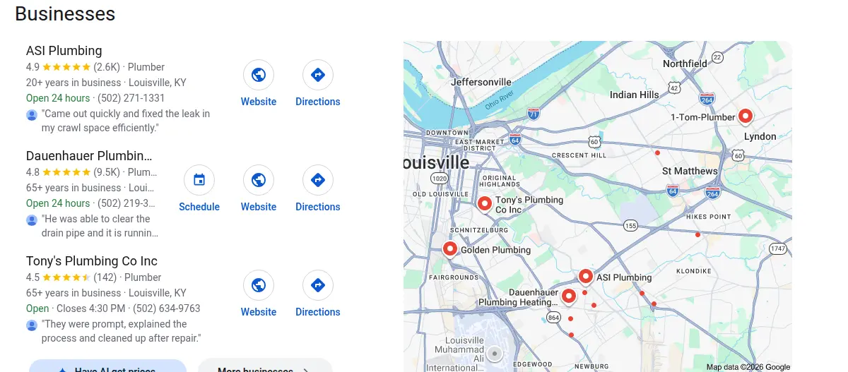 Google map results for plumber louisville searched from Louisville, Kentucky