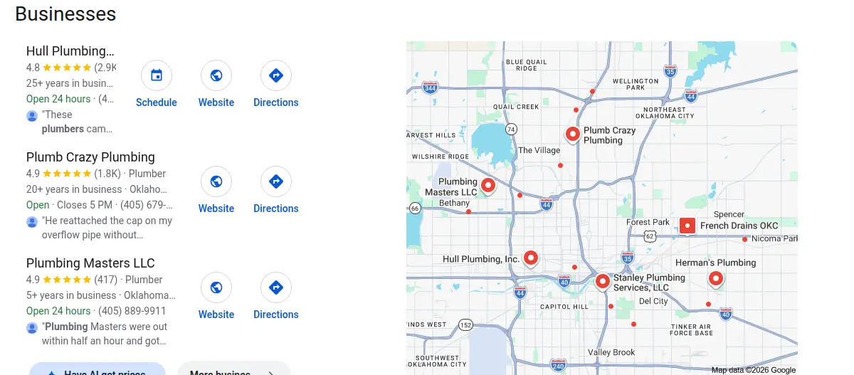 Google map results for plumber oklahoma city ok searched from Oklahoma City, Oklahoma