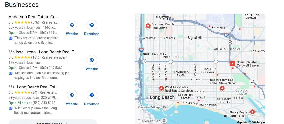 Google map results for real estate agent long beach ca searched from Long Beach, California