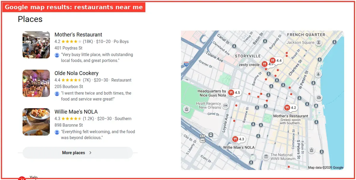 Google map results for restaurants near me searched from New Orleans, Louisiana