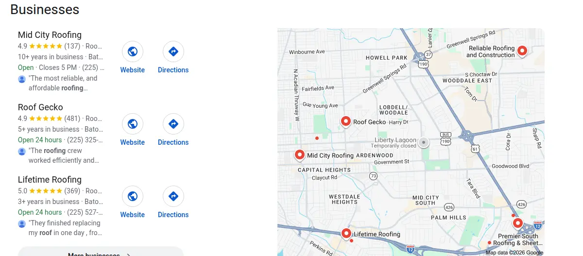 Google map results for roofing baton rouge searched from Baton Rouge, Louisiana