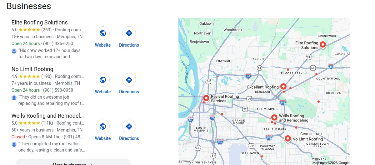 Google map results for roofing memphis searched from Memphis, Tennessee