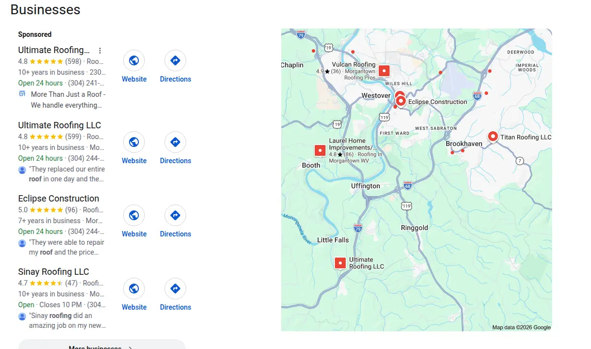 Google map results for roofing morgantown searched from Morgantown, West Virginia