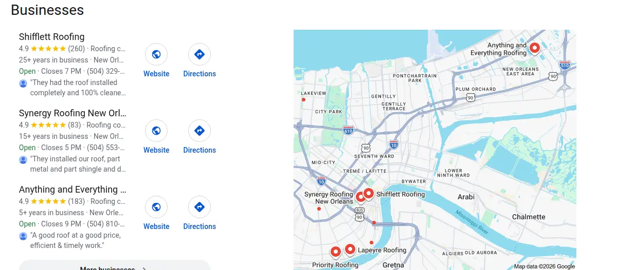 Google map results for roofing new orleans la searched from New Orleans, Louisiana