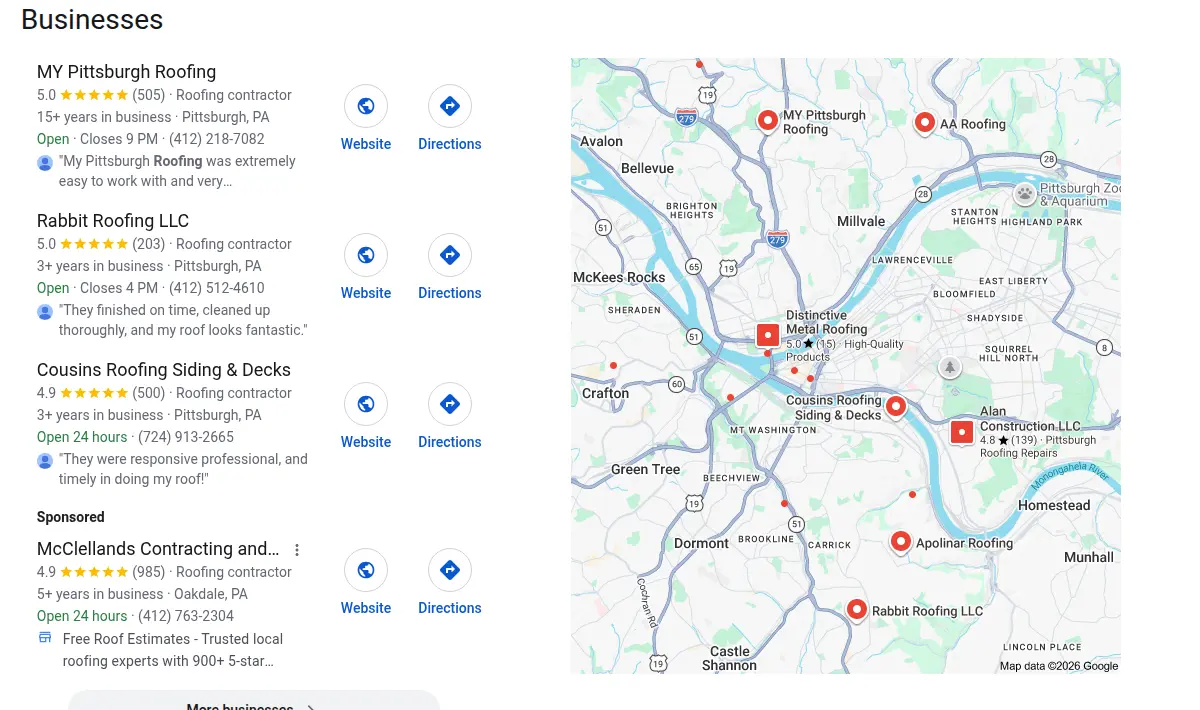 Google map results for roofing pittsburgh pa searched from Pittsburgh, Pennsylvania