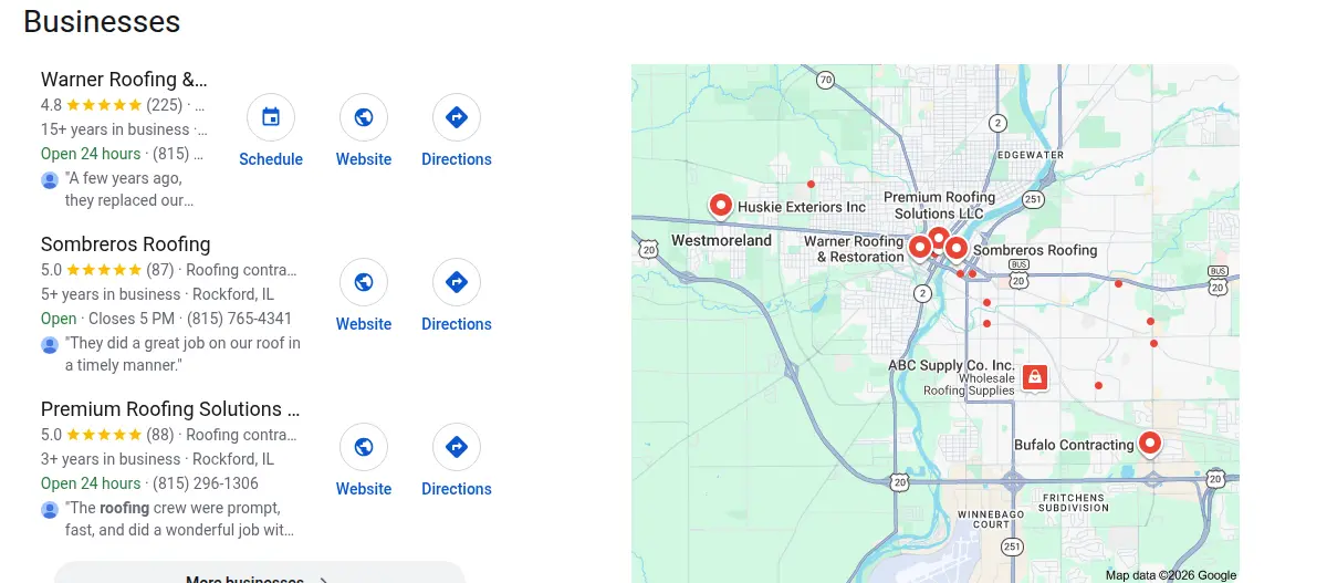 Google map results for roofing rockford il searched from Rockford, Illinois