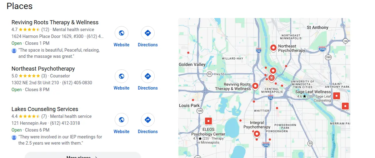Google map results for therapist minneapolis mn searched from Minneapolis, Minnesota