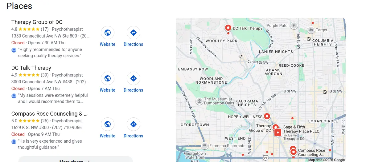 Google map results for therapist washington dc searched from Washington, District of Columbia