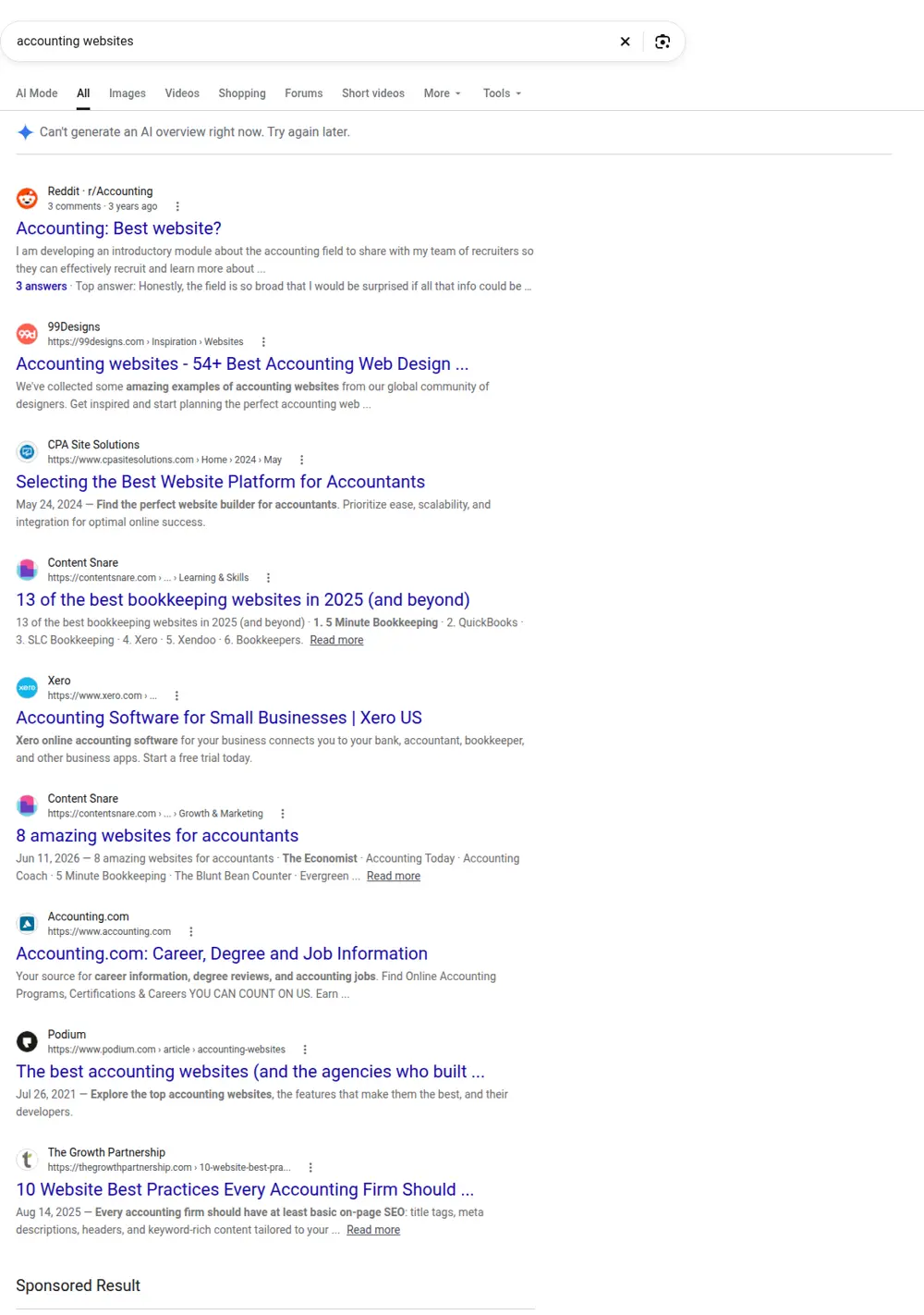 Top Google results for accounting websites, searched from United States
