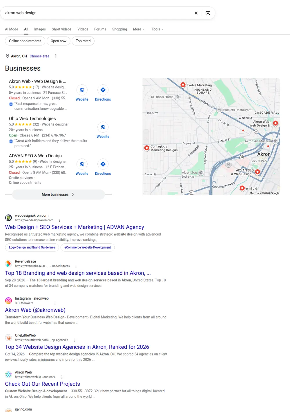 Top Google results for akron web design, searched from Akron, Ohio