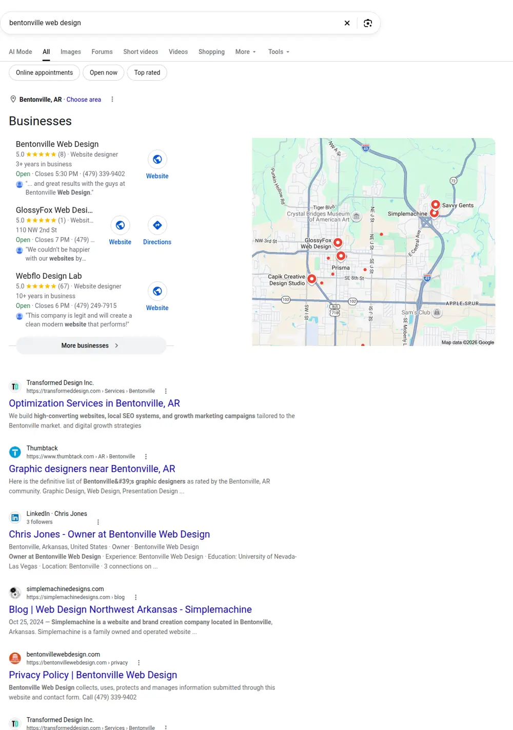 Top Google results for bentonville web design, searched from Bentonville, Arkansas
