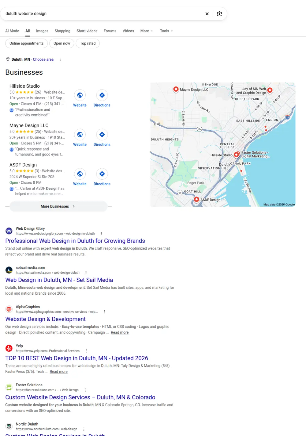 Top Google results for duluth website design, searched from Duluth, Minnesota
