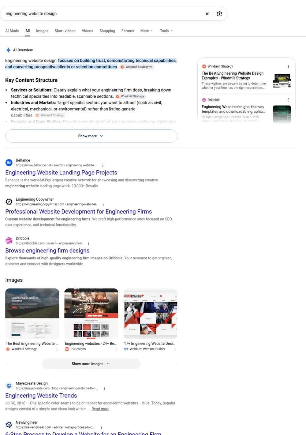 Top Google results for engineering website design, searched from United States