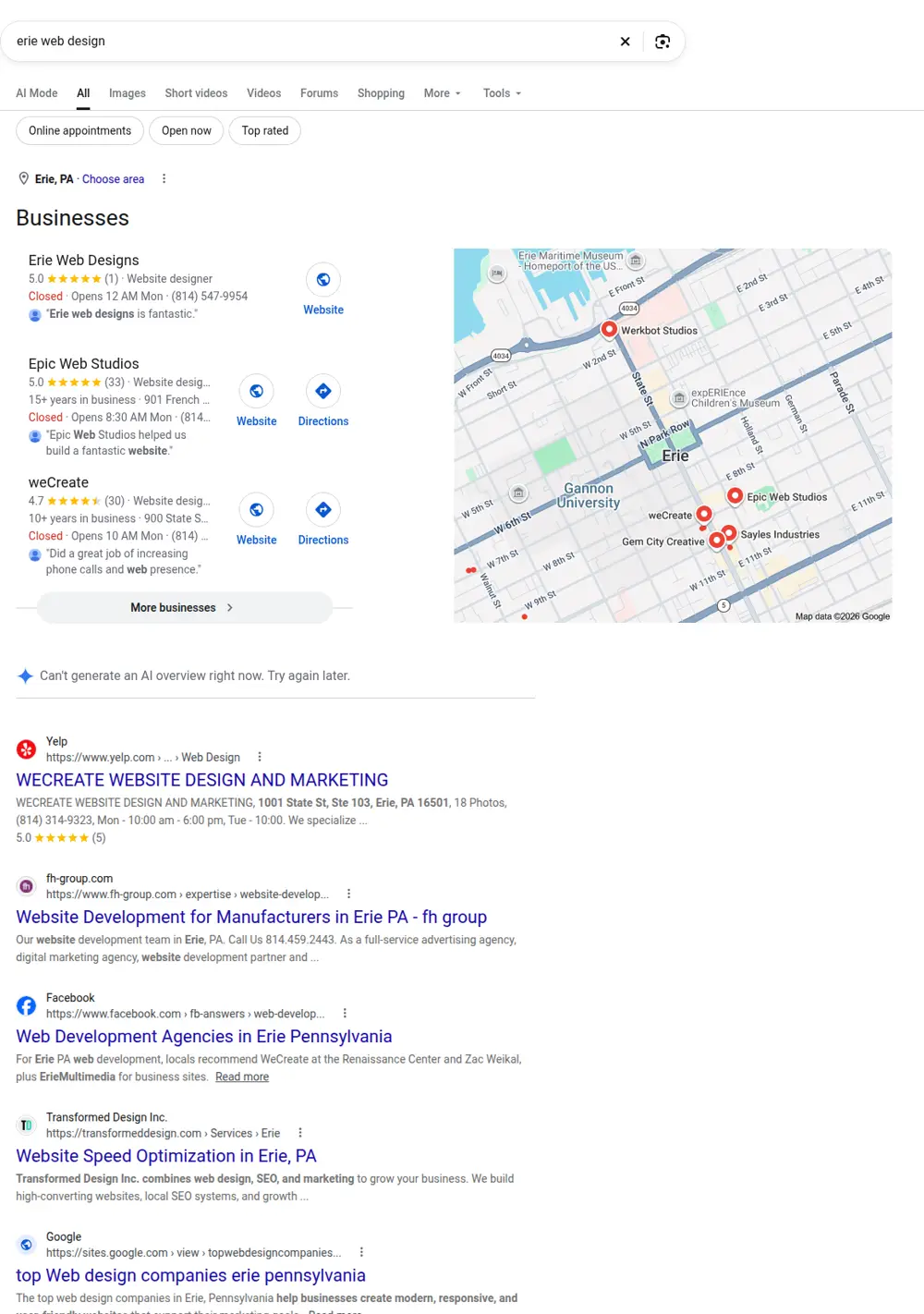 Top Google results for erie web design, searched from Erie, Pennsylvania