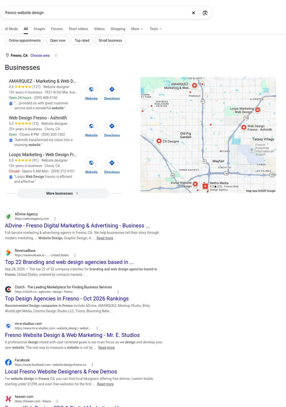 Top Google results for fresno website design, searched from Fresno, California