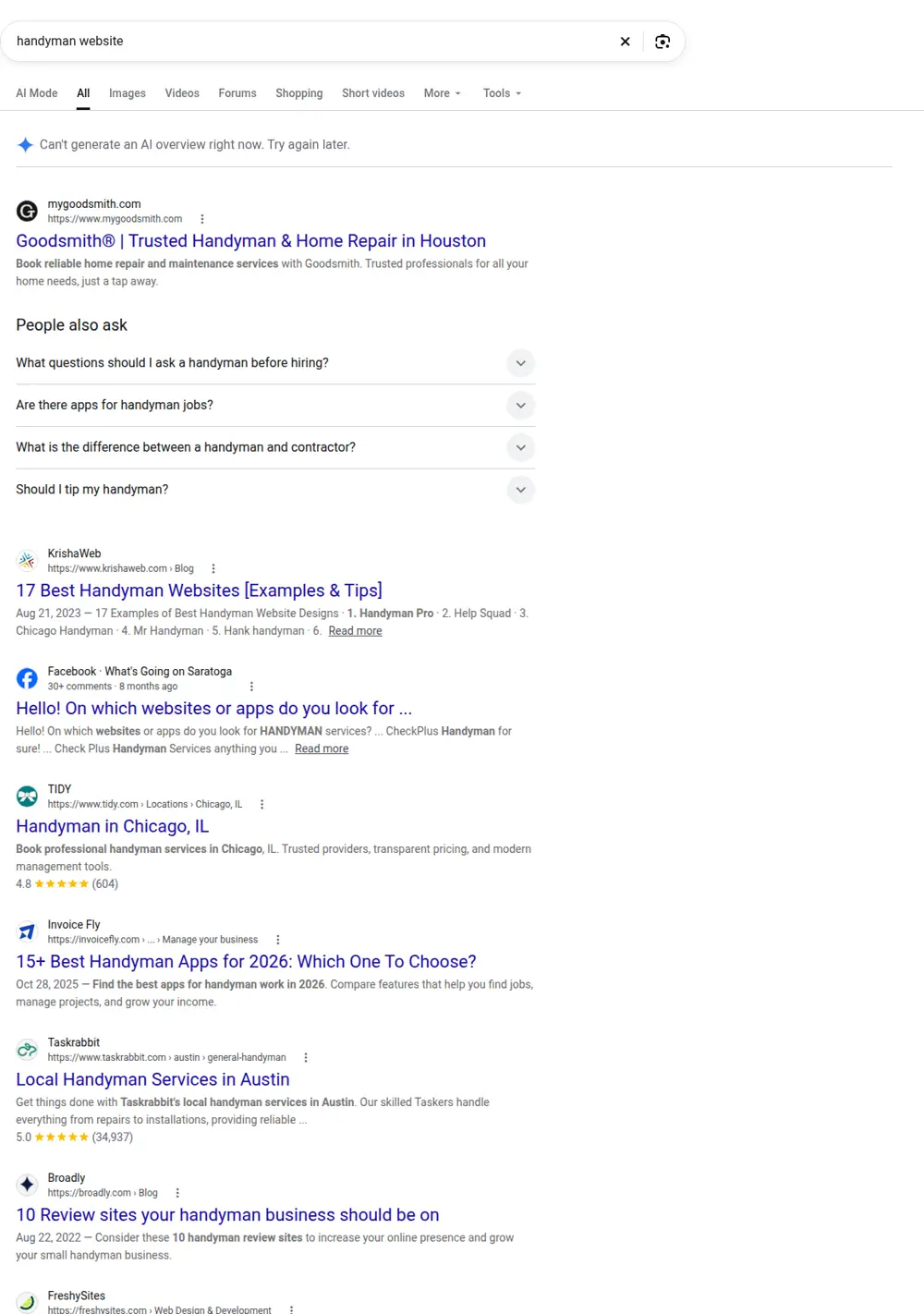 Top Google results for handyman website, searched from United States