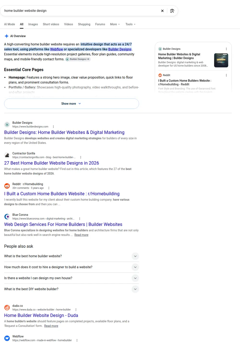 Top Google results for home builder website design, searched from United States