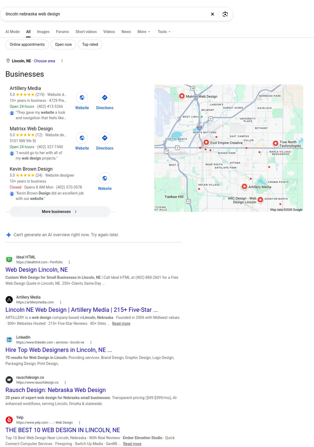 Top Google results for lincoln nebraska web design, searched from Lincoln, Nebraska