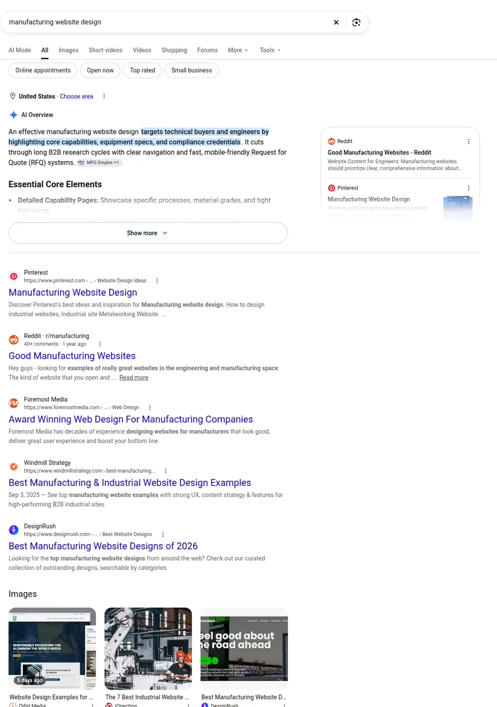 Top Google results for manufacturing website design, searched from United States