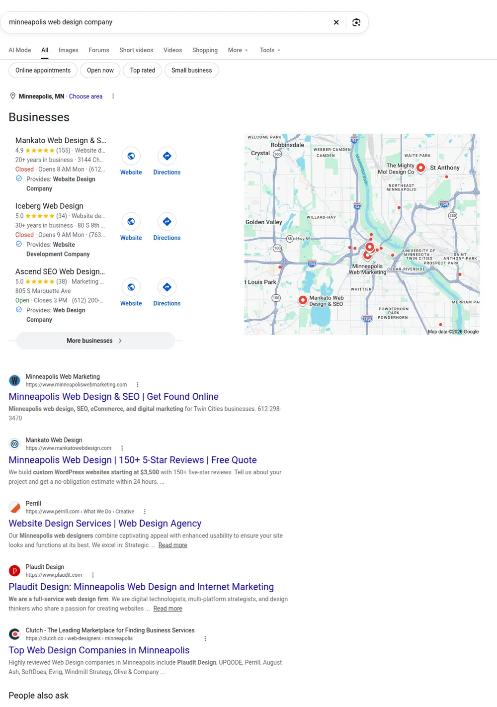 Top Google results for minneapolis web design company, searched from Minneapolis, Minnesota
