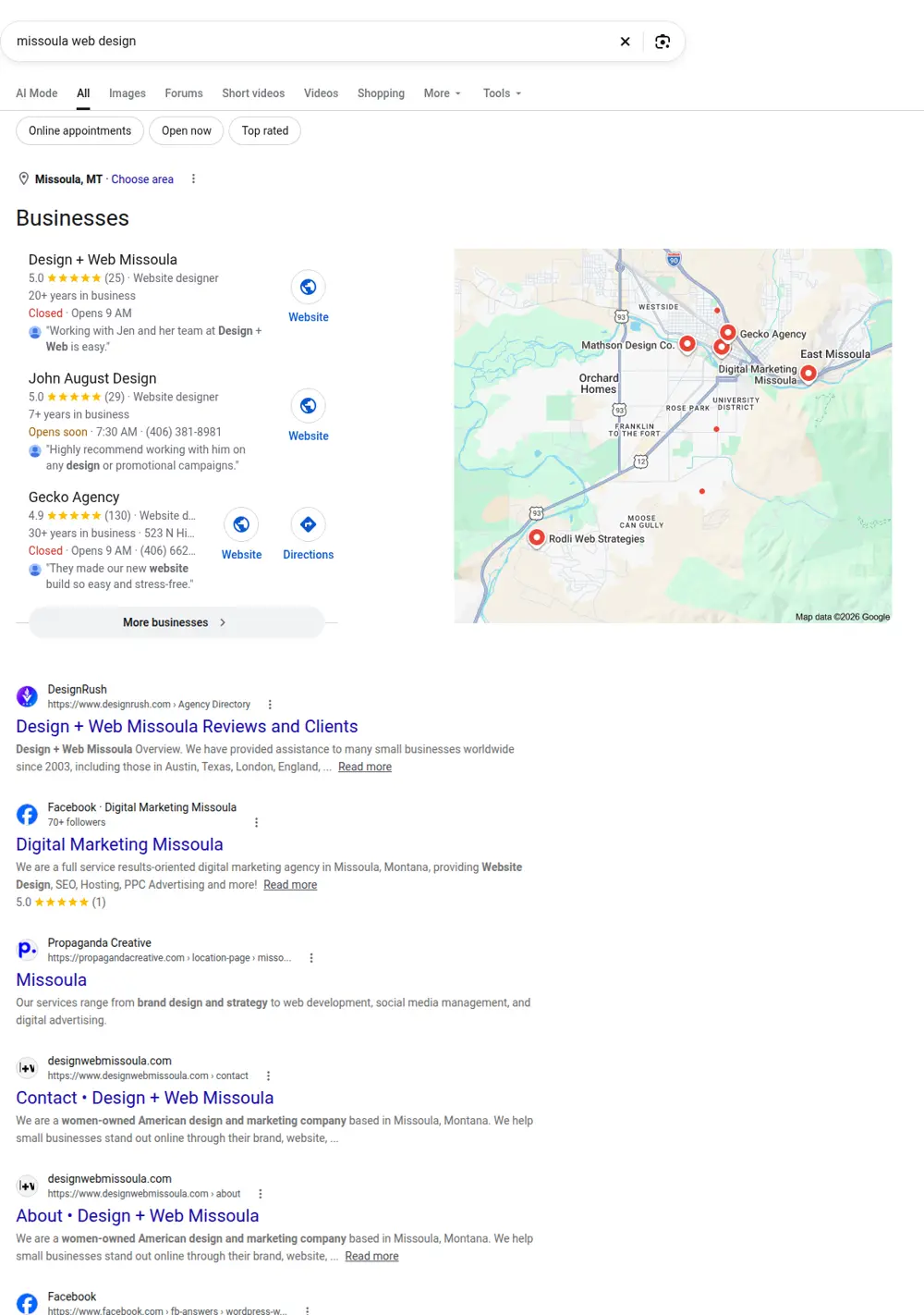 Top Google results for missoula web design, searched from Missoula, Montana