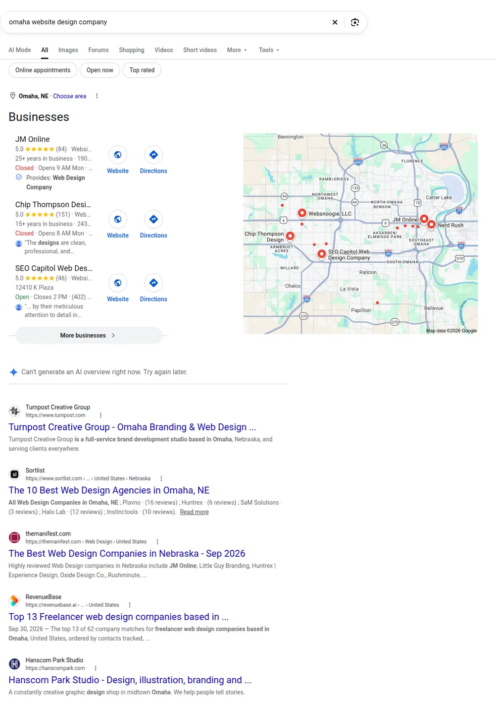 Top Google results for omaha website design company, searched from Omaha, Nebraska