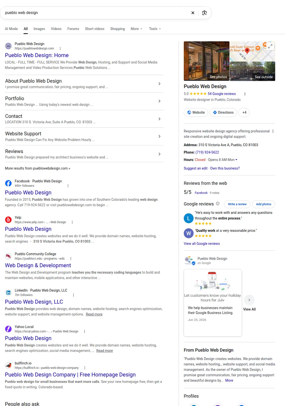 Top Google results for pueblo web design, searched from Pueblo, Colorado