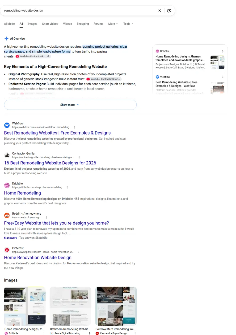 Top Google results for remodeling website design, searched from United States