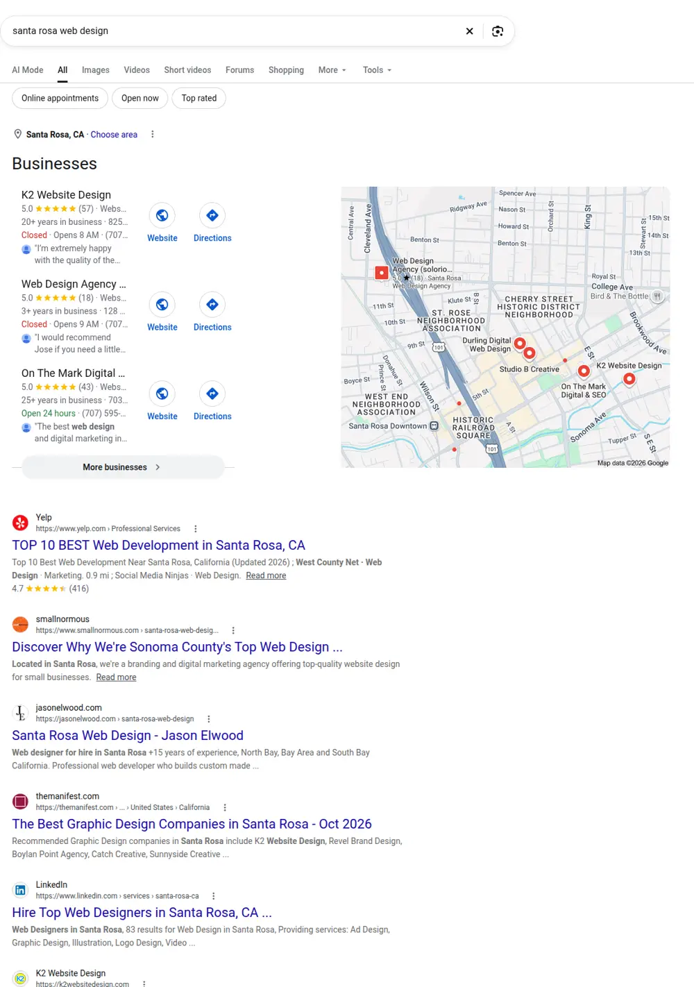 Top Google results for santa rosa web design, searched from Santa Rosa, California