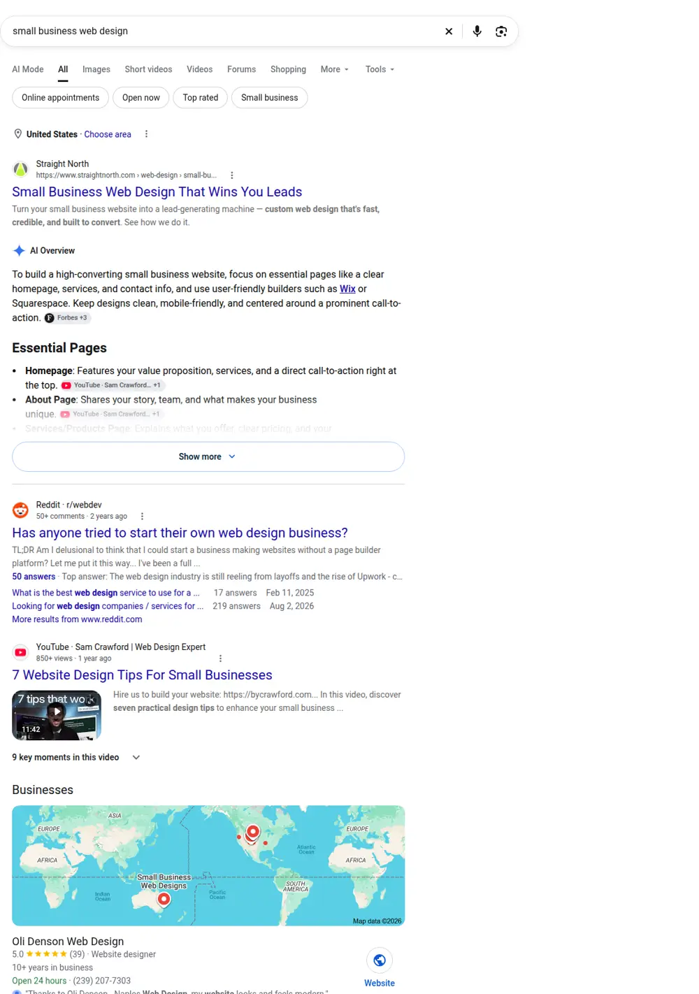 Top Google results for small business web design, searched from United States