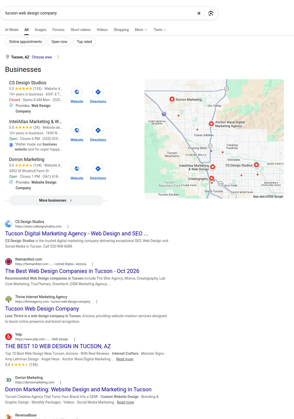Top Google results for tucson web design company, searched from Tucson, Arizona