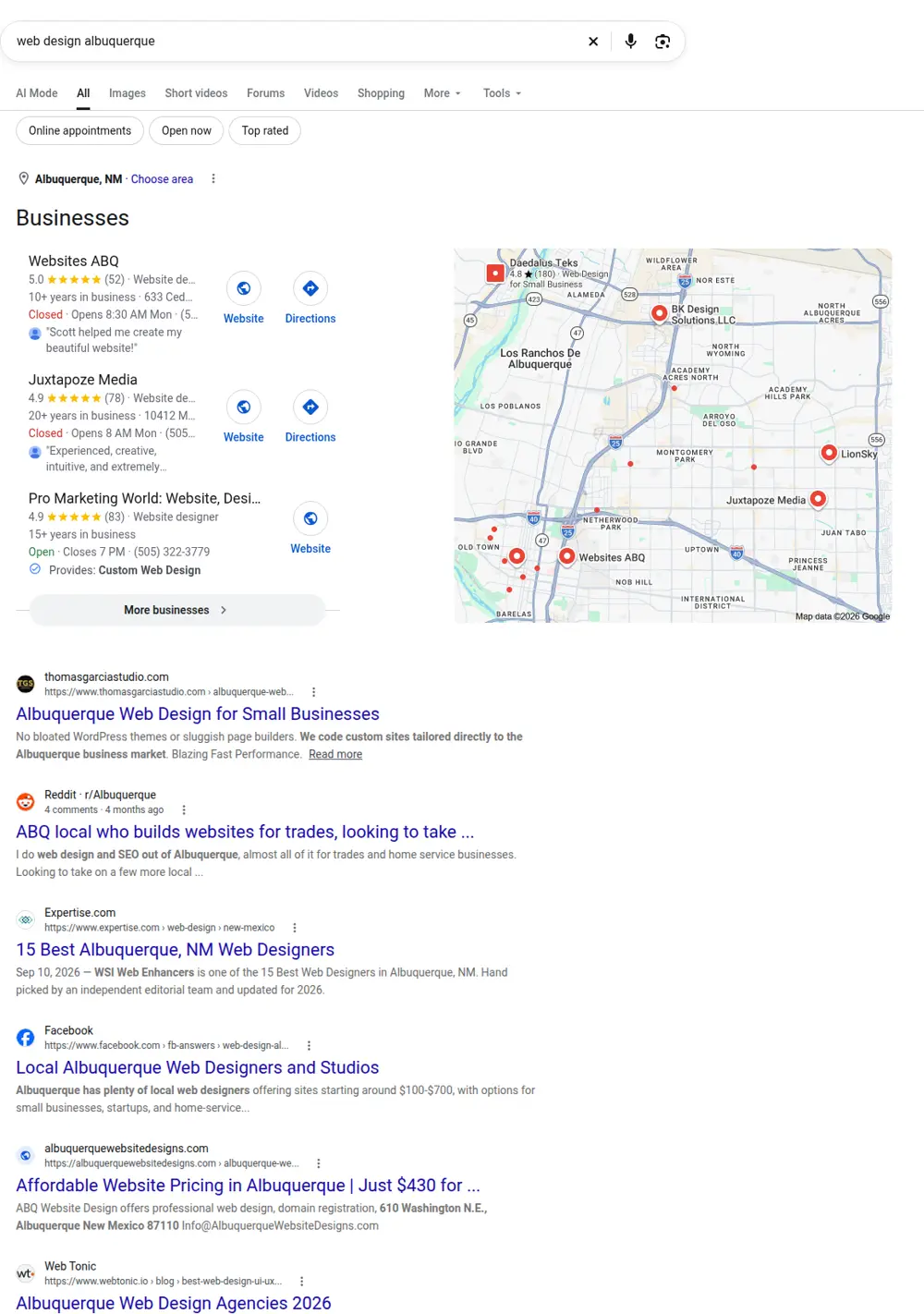 Top Google results for web design albuquerque, searched from Albuquerque, New Mexico