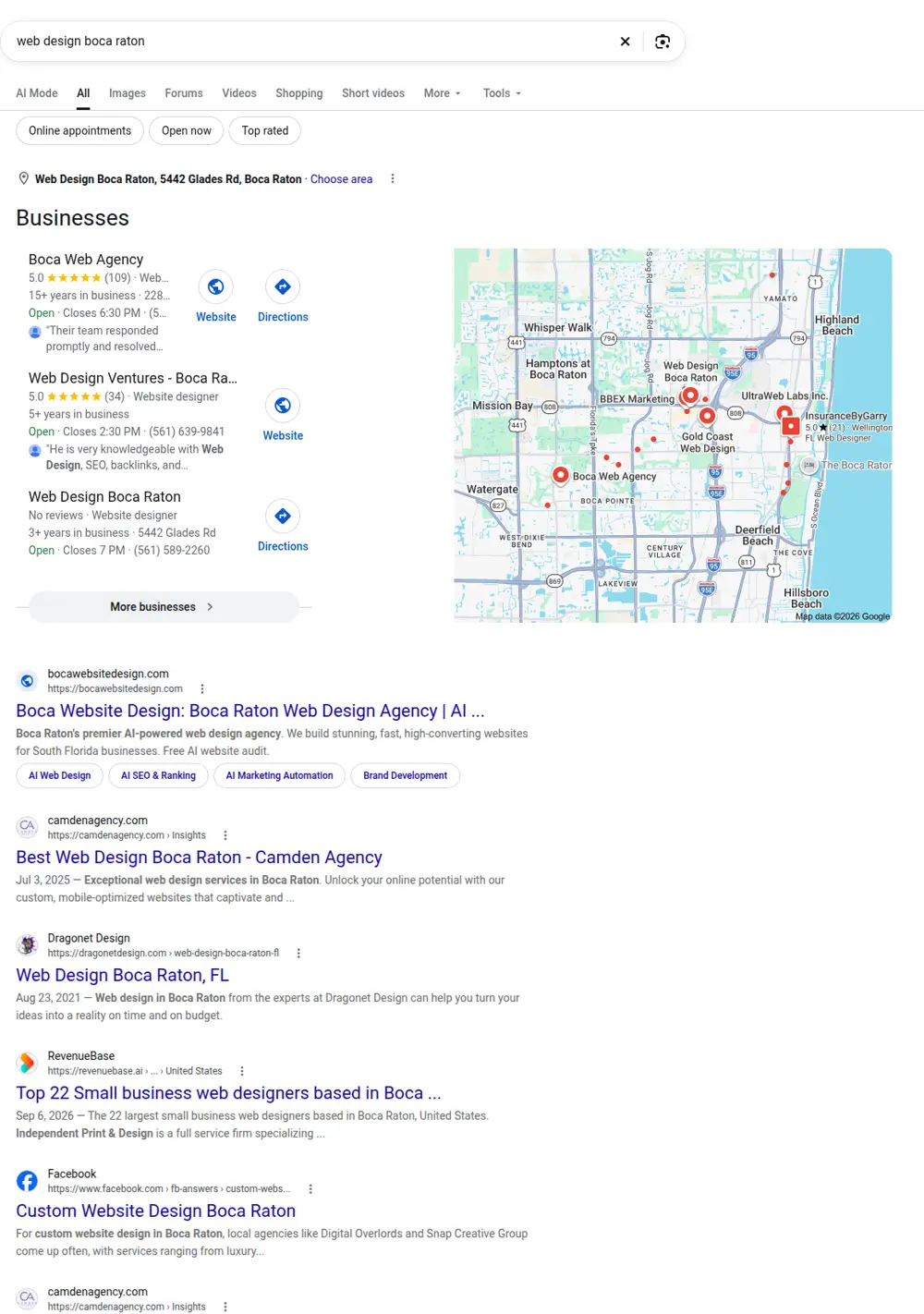Top Google results for web design boca raton, searched from Boca Raton, Florida