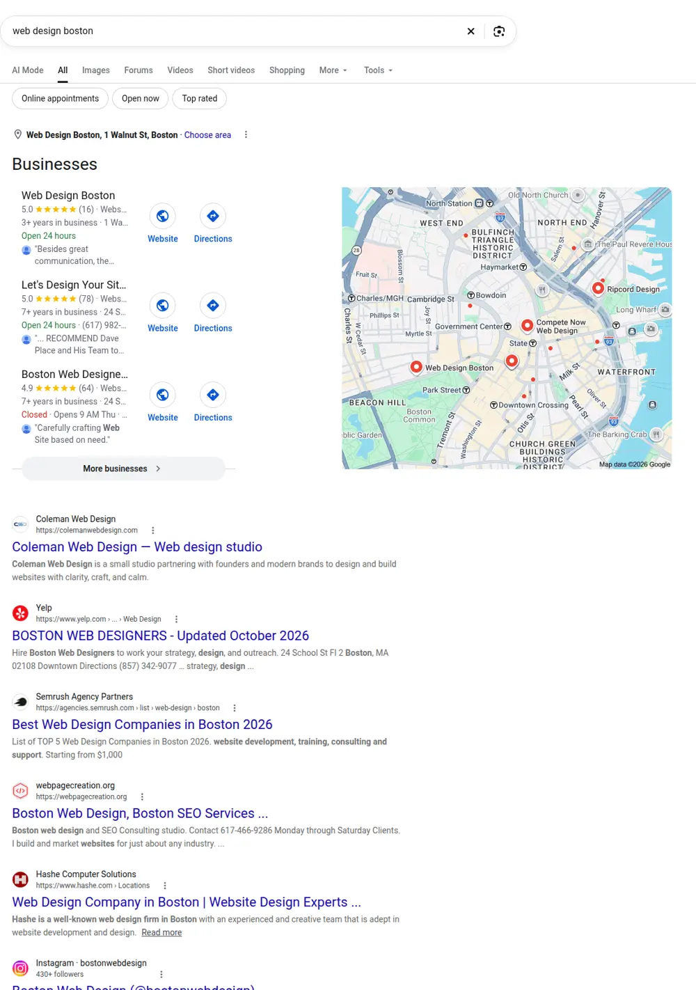 Top Google results for web design boston, searched from Boston, Massachusetts