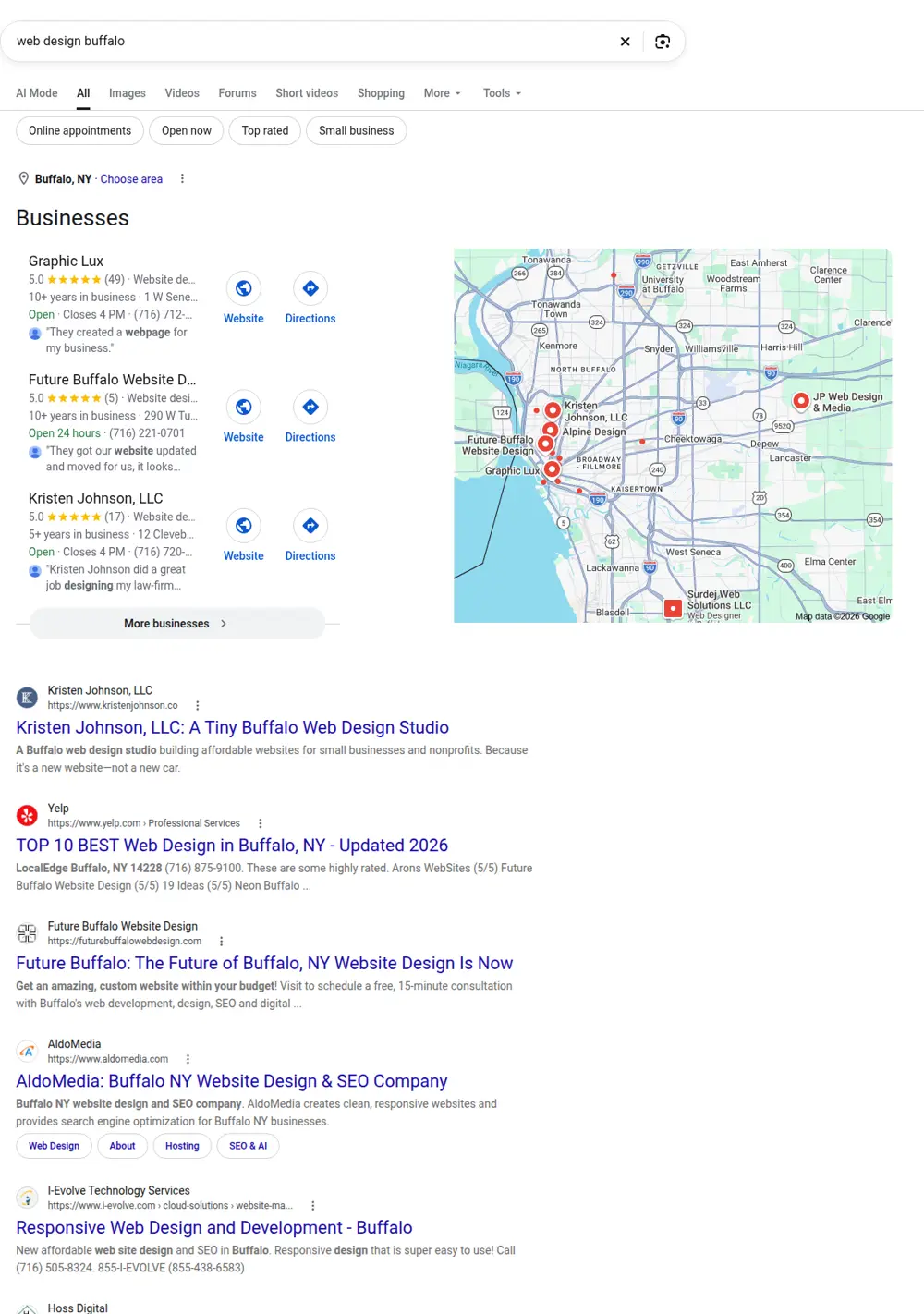 Top Google results for web design buffalo, searched from Buffalo, New York