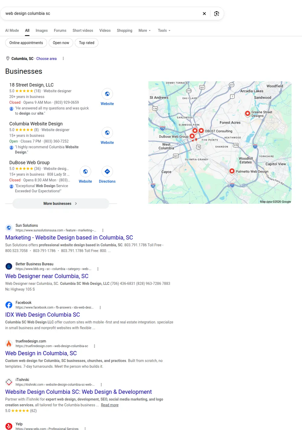 Top Google results for web design columbia sc, searched from Columbia, South Carolina