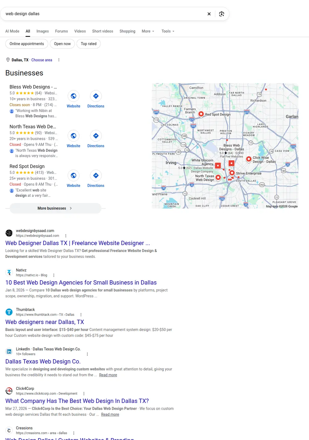 Top Google results for web design dallas, searched from Dallas, Texas