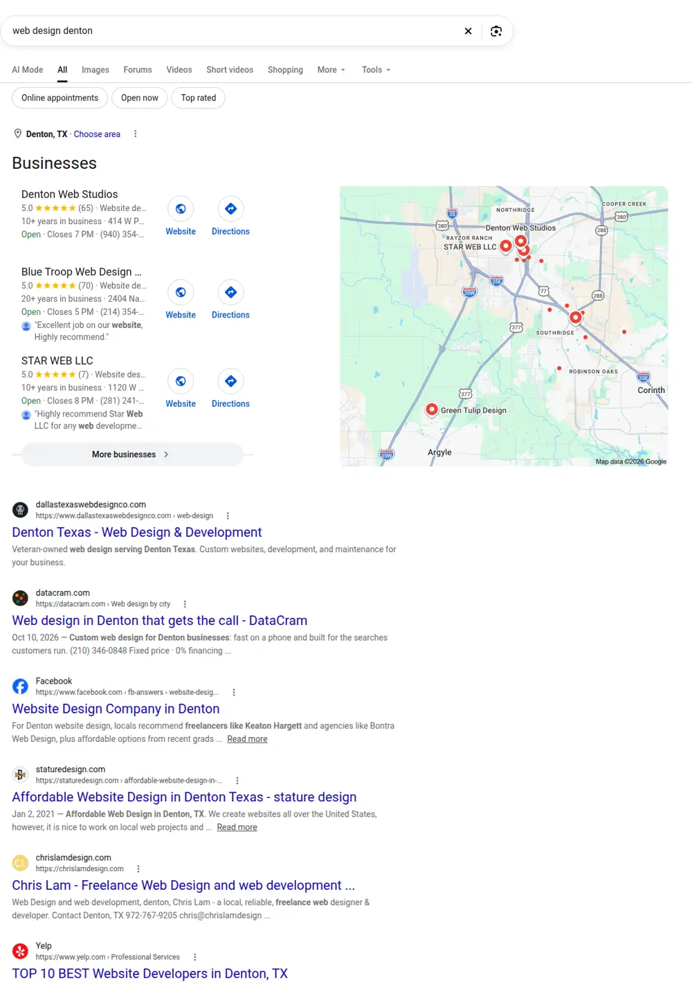 Top Google results for web design denton, searched from Denton, Texas