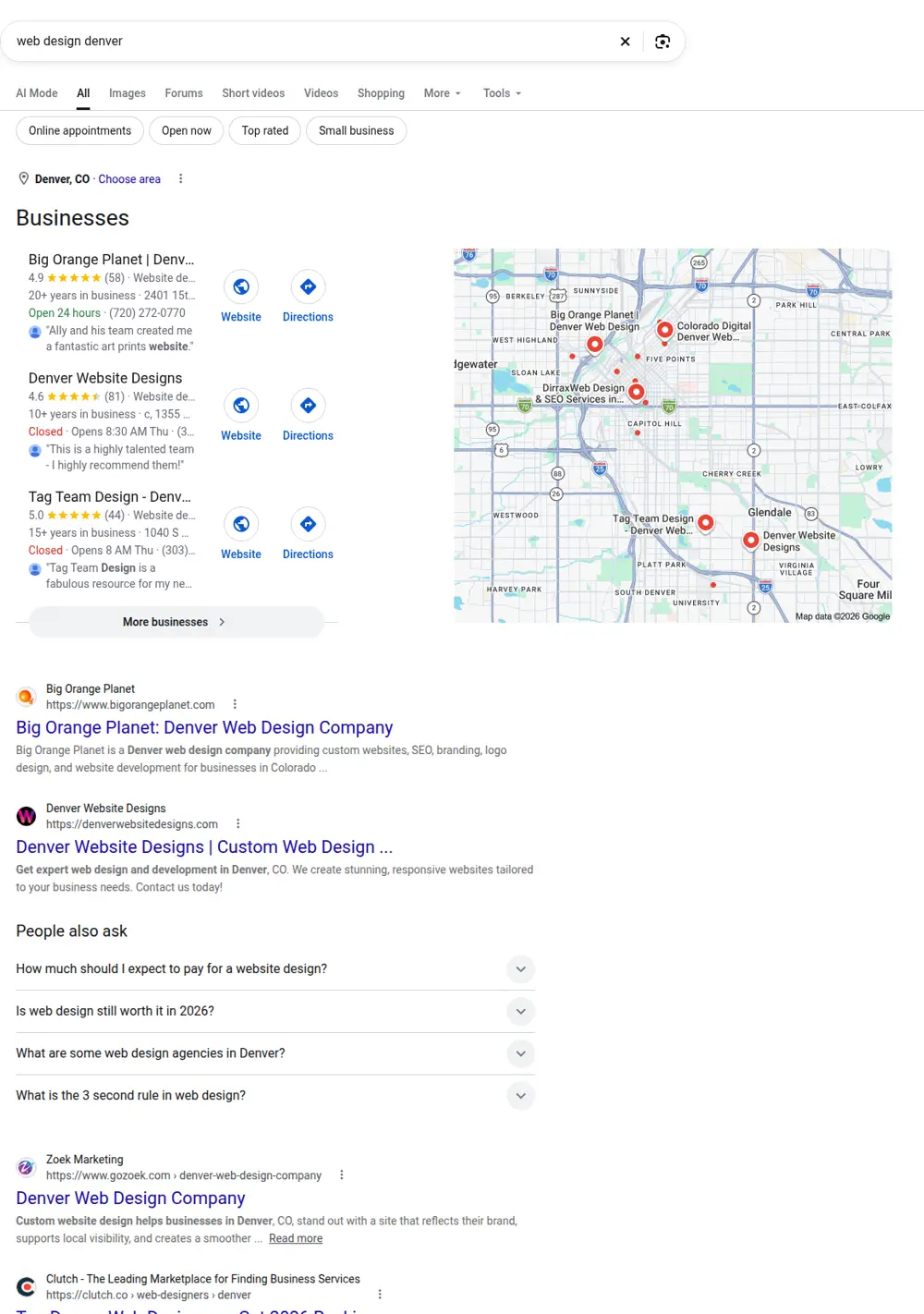 Top Google results for web design denver, searched from Denver, Colorado