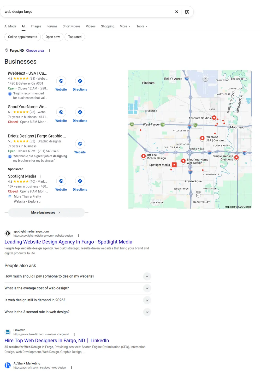 Top Google results for web design fargo, searched from Fargo, North Dakota