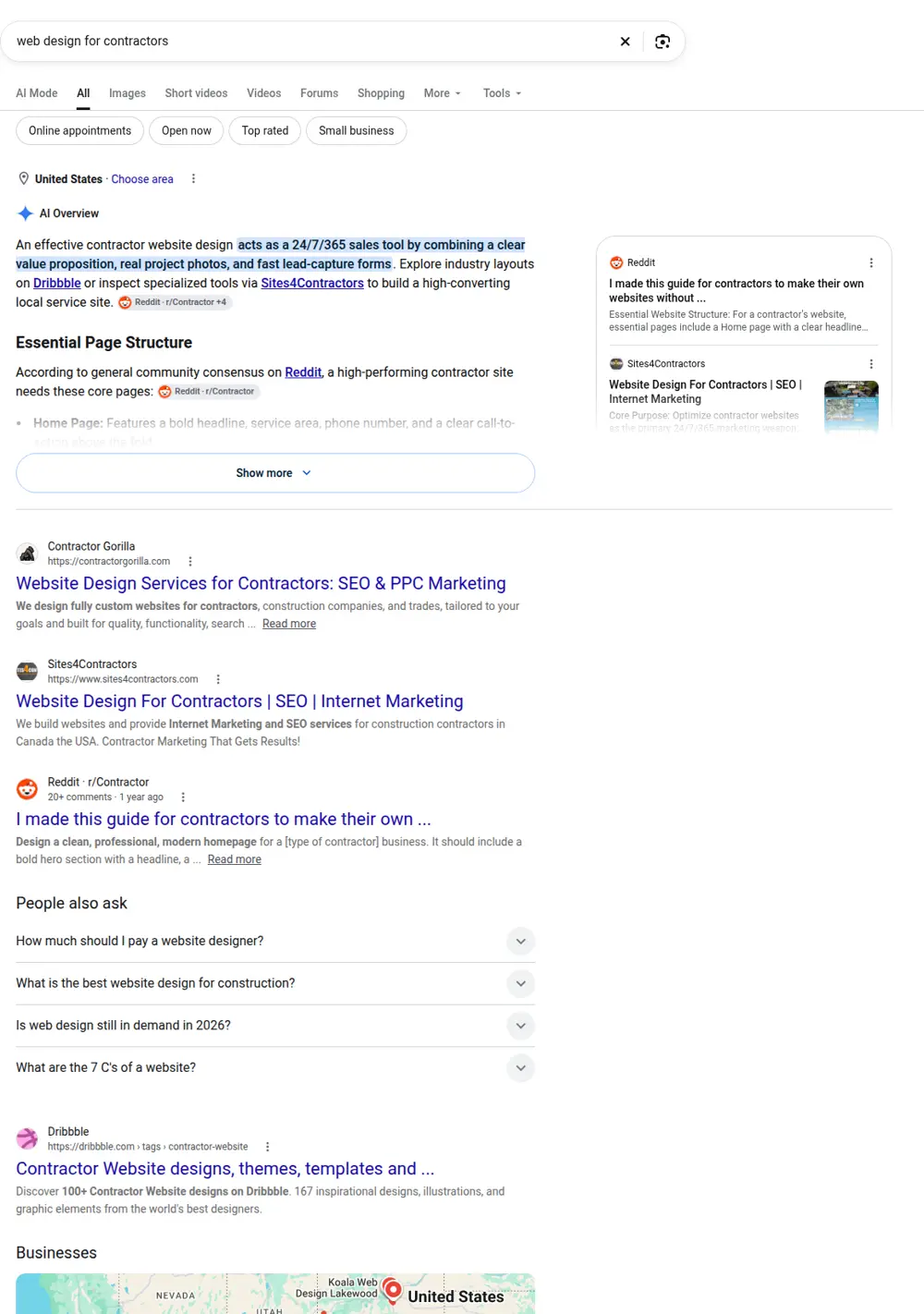 Top Google results for web design for contractors, searched from United States