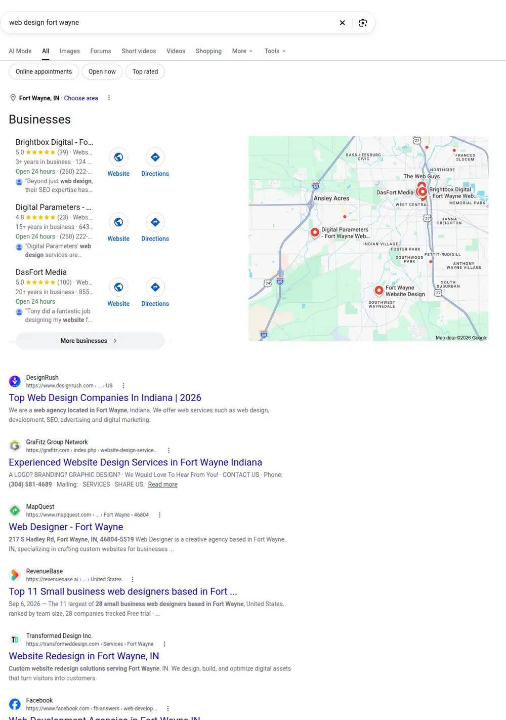 Top Google results for web design fort wayne, searched from Fort Wayne, Indiana