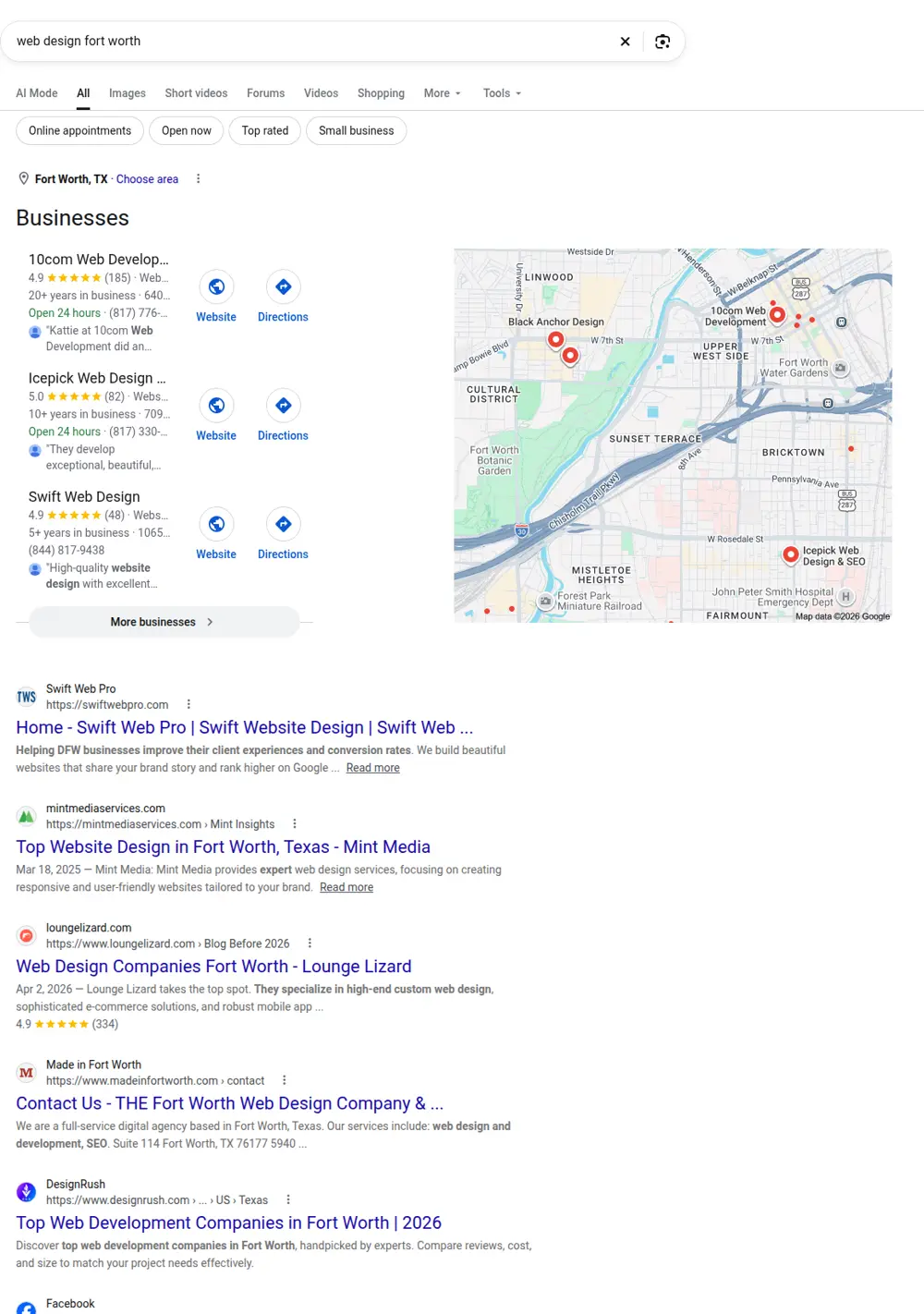 Top Google results for web design fort worth, searched from Fort Worth, Texas