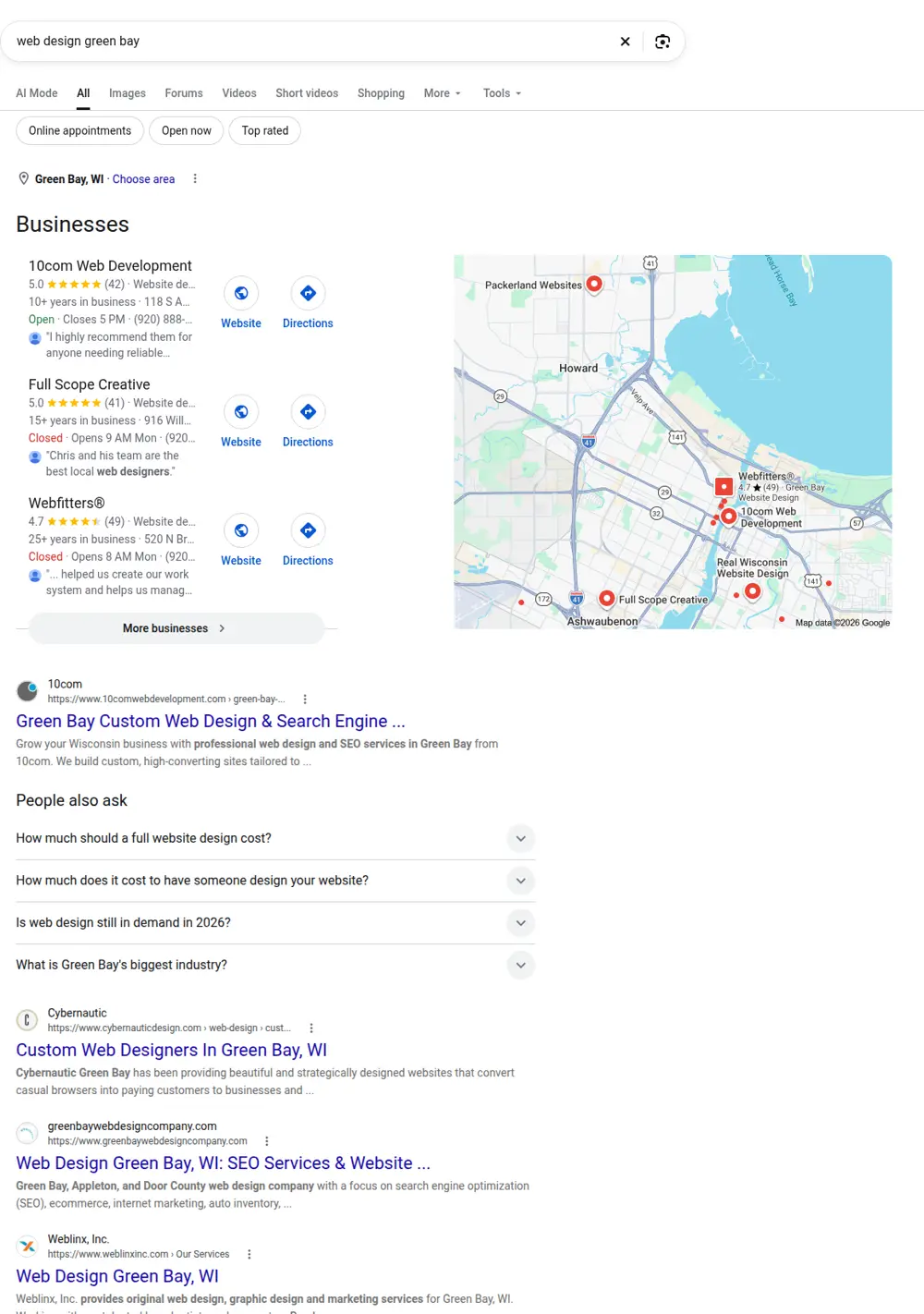 Top Google results for web design green bay, searched from Green Bay, Wisconsin