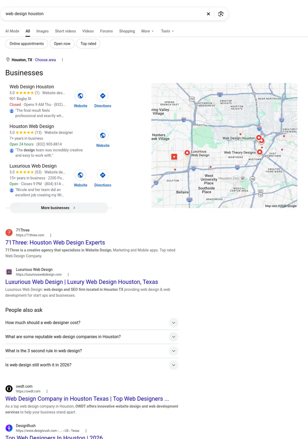 Top Google results for web design houston, searched from Houston, Texas