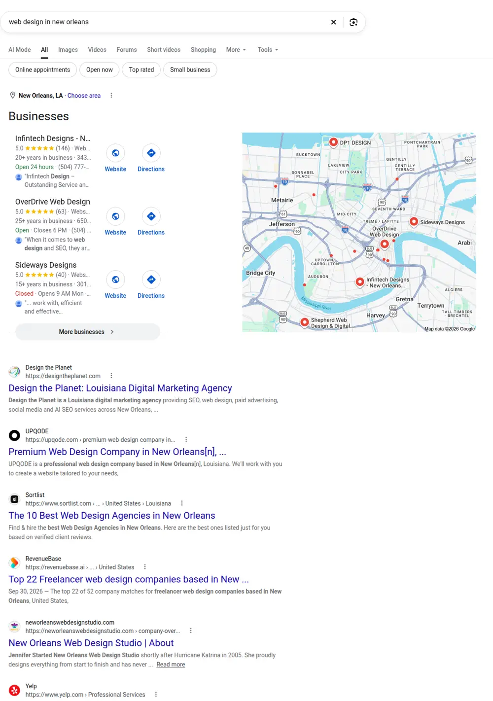 Top Google results for web design in new orleans, searched from New Orleans, Louisiana